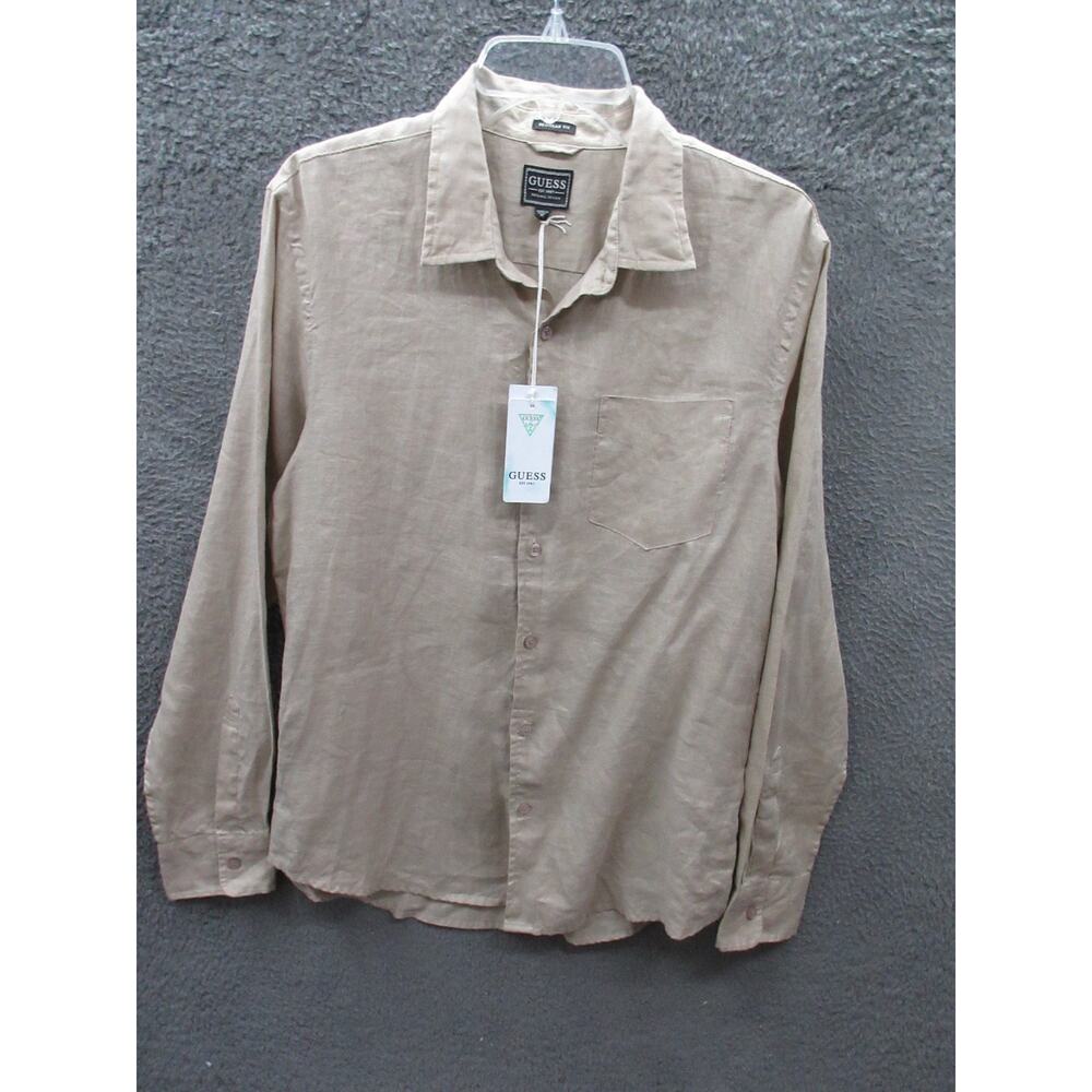 NWT Guess Island Linen Long Sleeve Natural Siena Tan Regular Fit Medium Shirt